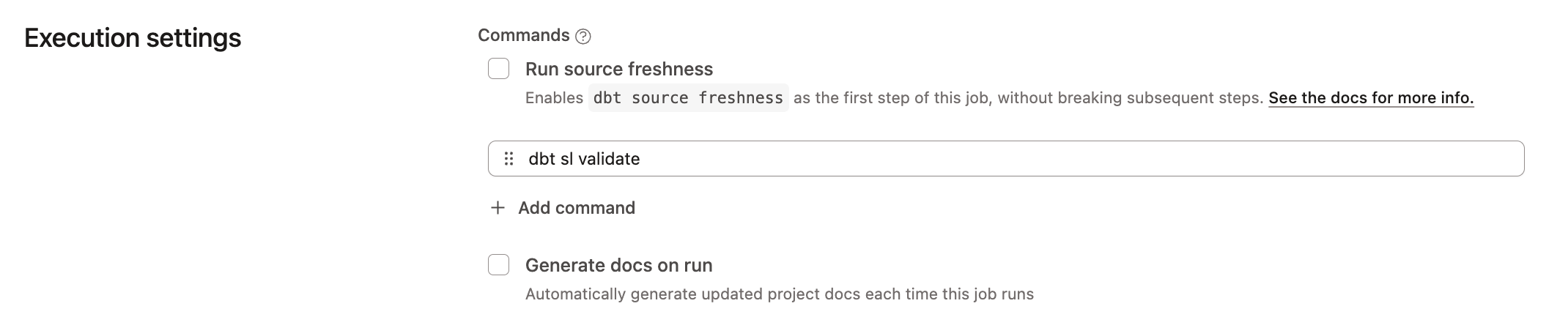 Validate all semantic nodes in your CI job by adding the command: 'dbt sl validate' in your job execution settings. Validate all semantic nodes in your CI job by adding the command: 'dbt sl validate' in your job execution settings.